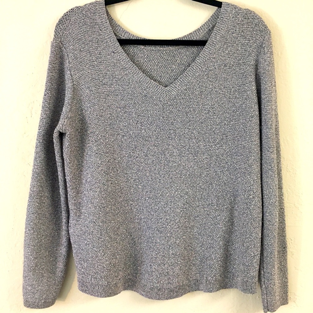 Reiss V Neck Sweater Metallic Sparkle Silver Grey Size Medium